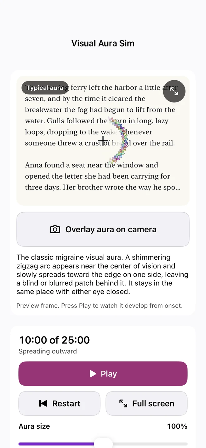2.0 visual aura simulation with playback controls and an Overlay aura on camera button.
