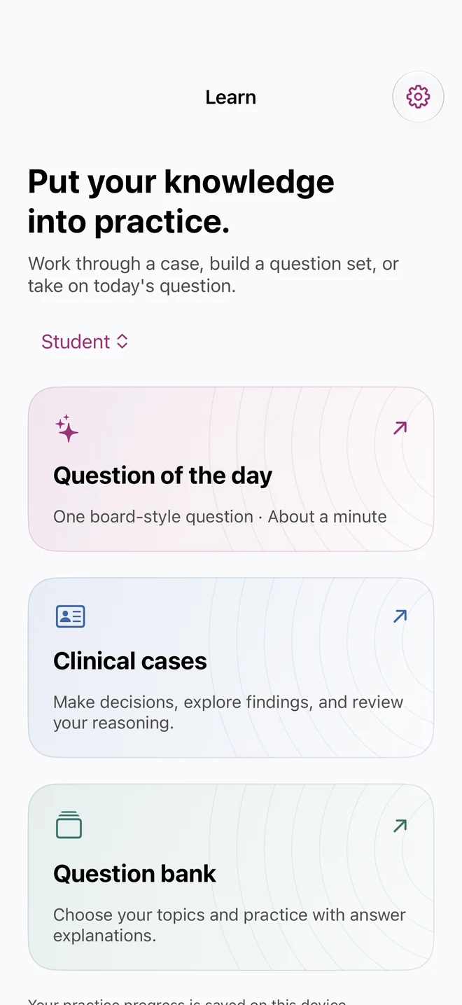2.0 Learn hub with Question of the Day, clinical cases and a question bank.