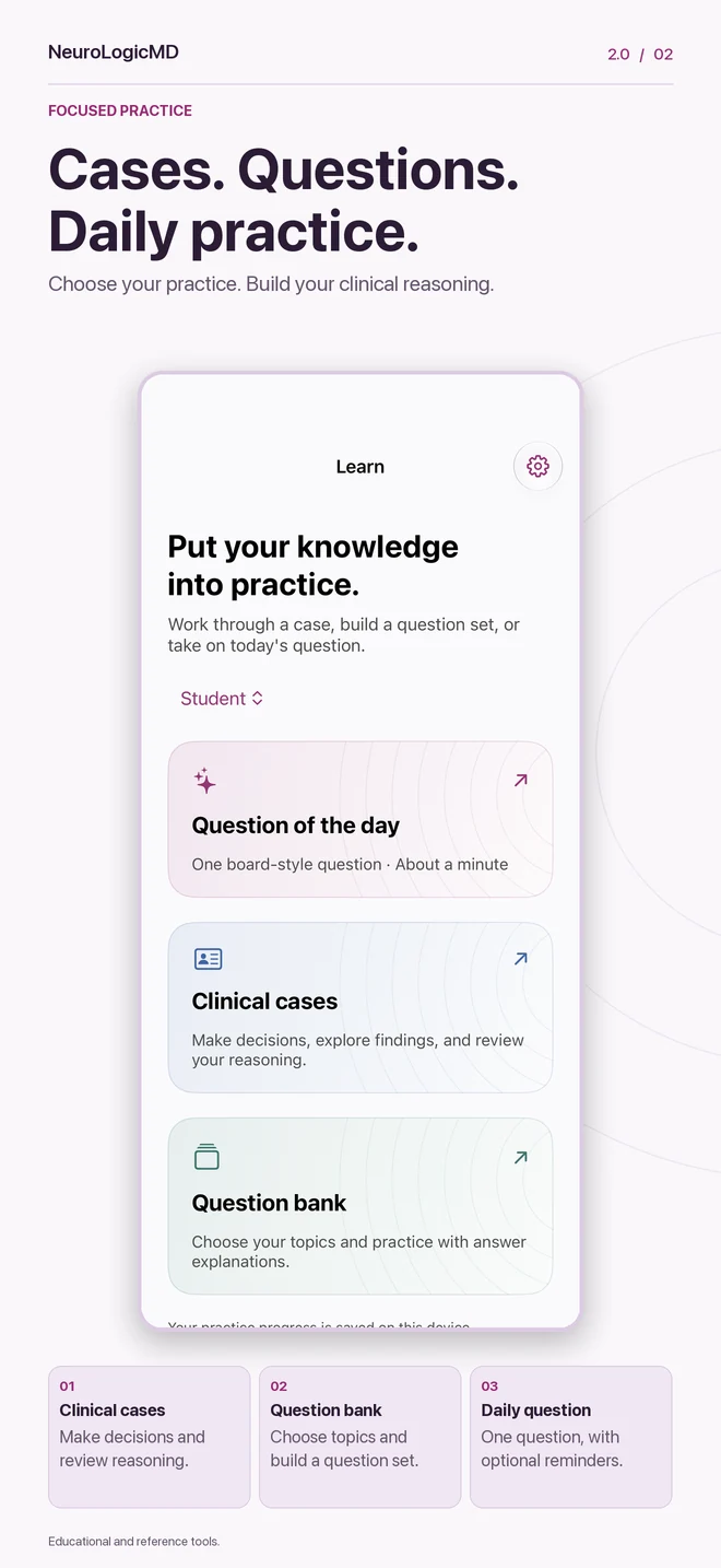 2.0 preview — Focused practice: clinical cases, a question bank and Question of the Day.