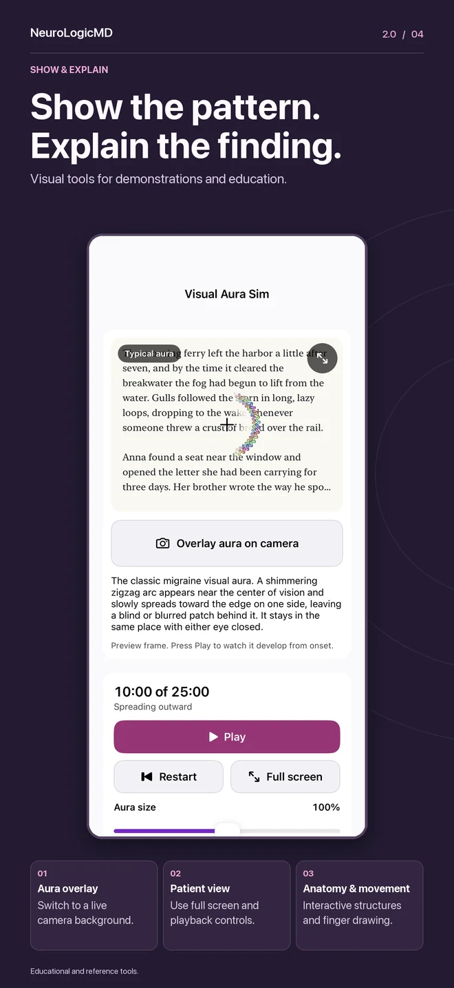 2.0 preview — Visual demonstrations: aura camera overlay, full-screen playback, anatomy and finger drawing.