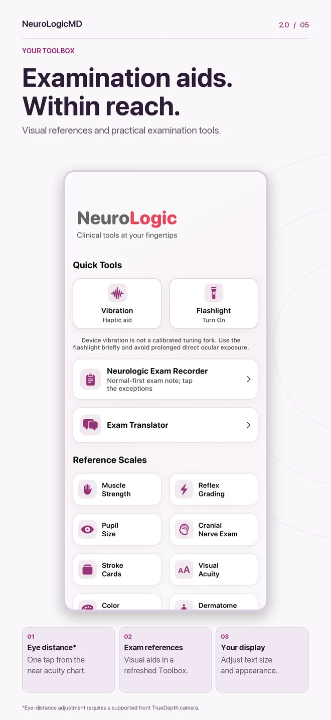 2.0 preview — Refreshed Toolbox: exam references, display options and one-tap eye-distance adjustment on supported TrueDepth devices.
